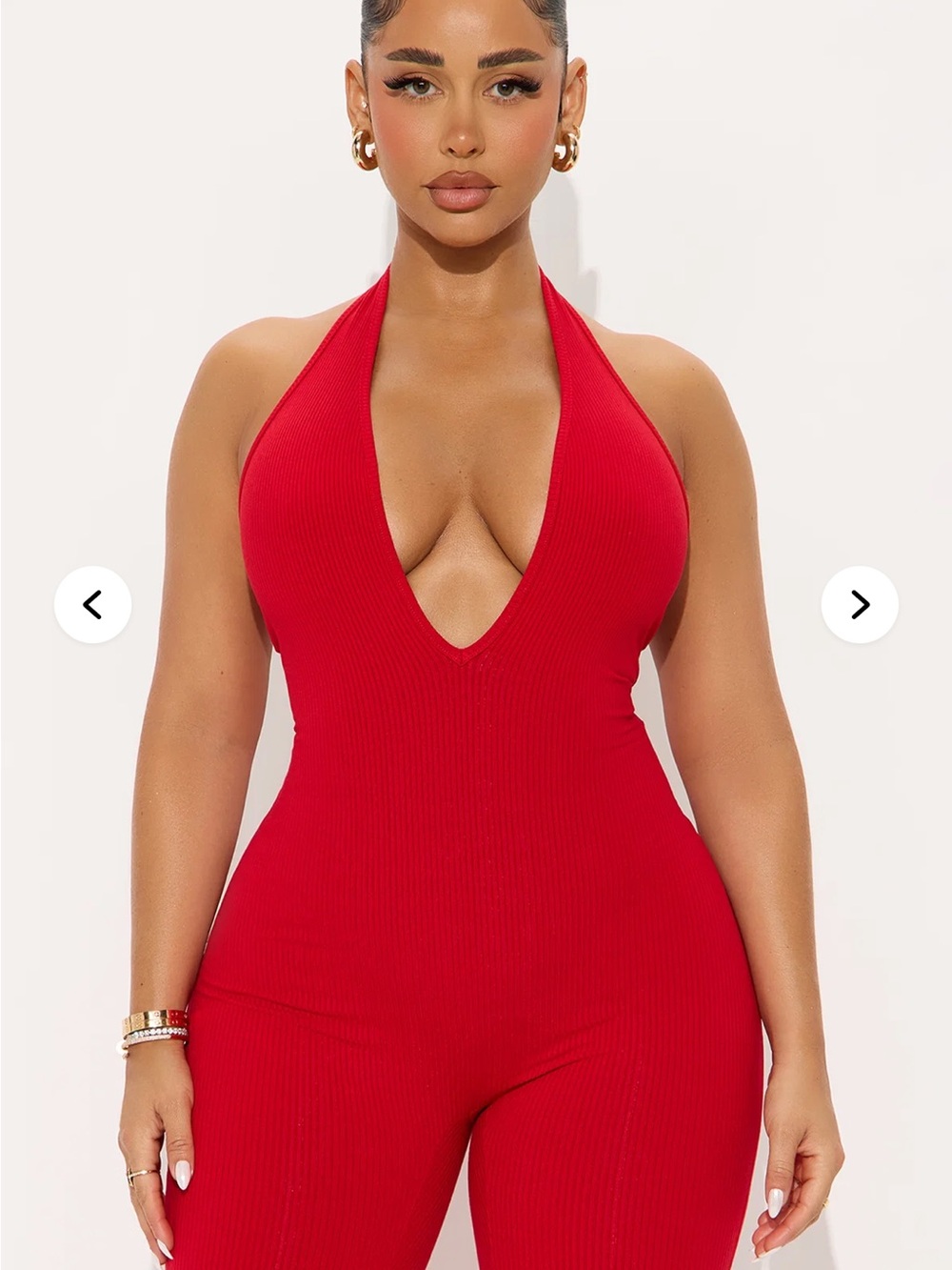 Fashion Nova Red Halter Ribbed Plunge Jumpsuit